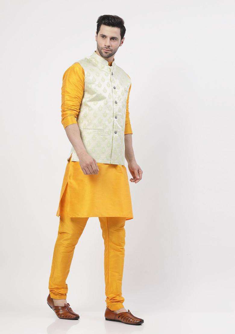 Yellow Woven Design Silk Blend Kurta Set For Men - Indya