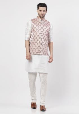 White Printed Silk Kurta Set For Men