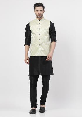 Black Woven Design Silk Kurta Set For Men