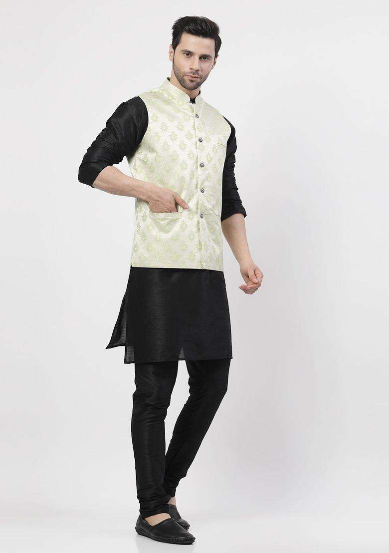 Black Woven Design Silk Blend Kurta Set For Men - Indya