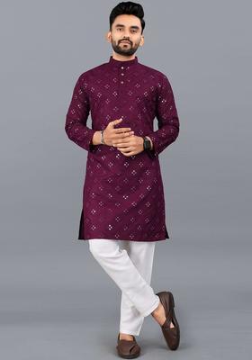 Purple Solid Cotton Kurta Set For Men