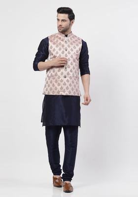 Navy Blue Woven Design Silk Kurta Set For Men