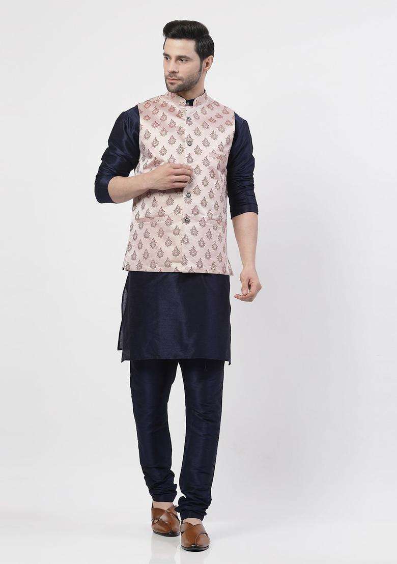 Navy Blue Woven Design Silk Blend Kurta Set For Men - Indya
