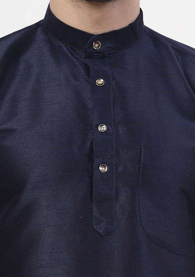 Navy Blue Woven Design Silk Blend Kurta Set For Men - Indya