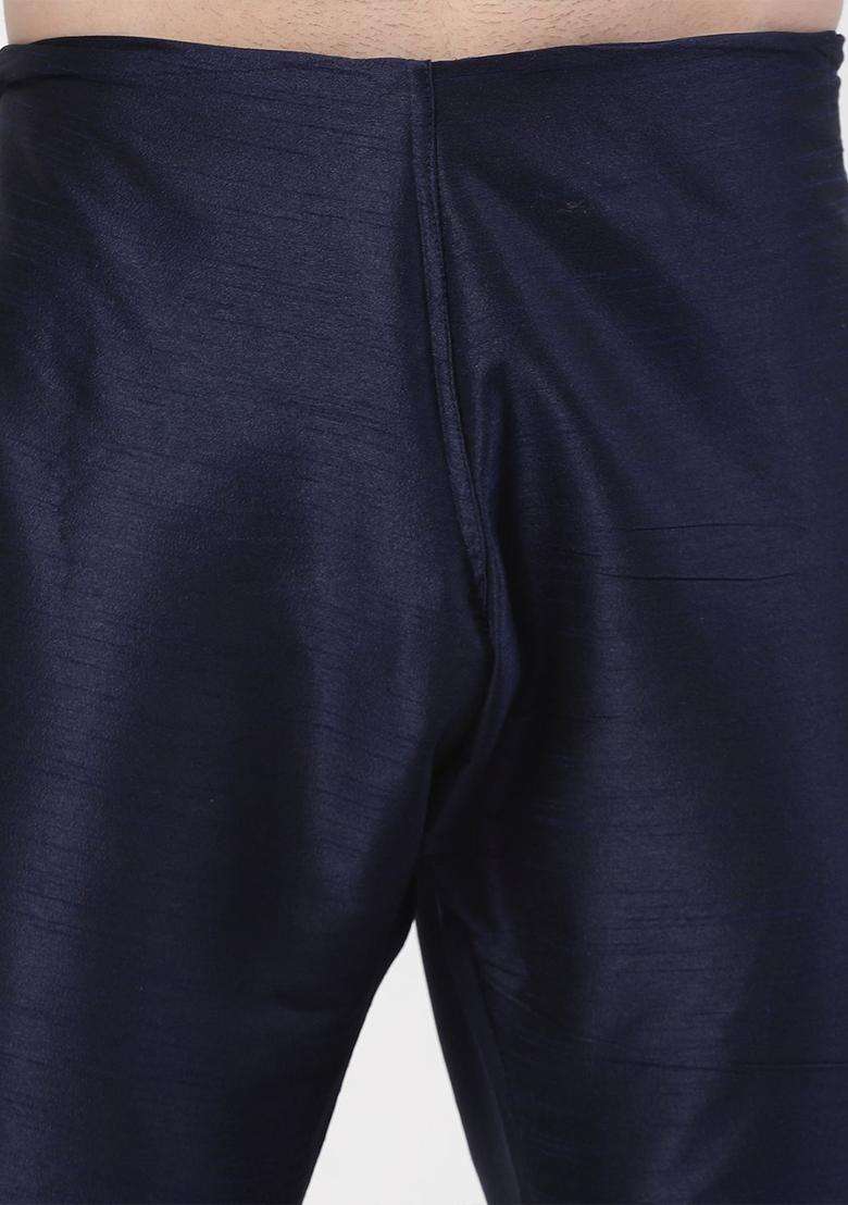 Navy Blue Woven Design Silk Blend Kurta Set For Men - Indya