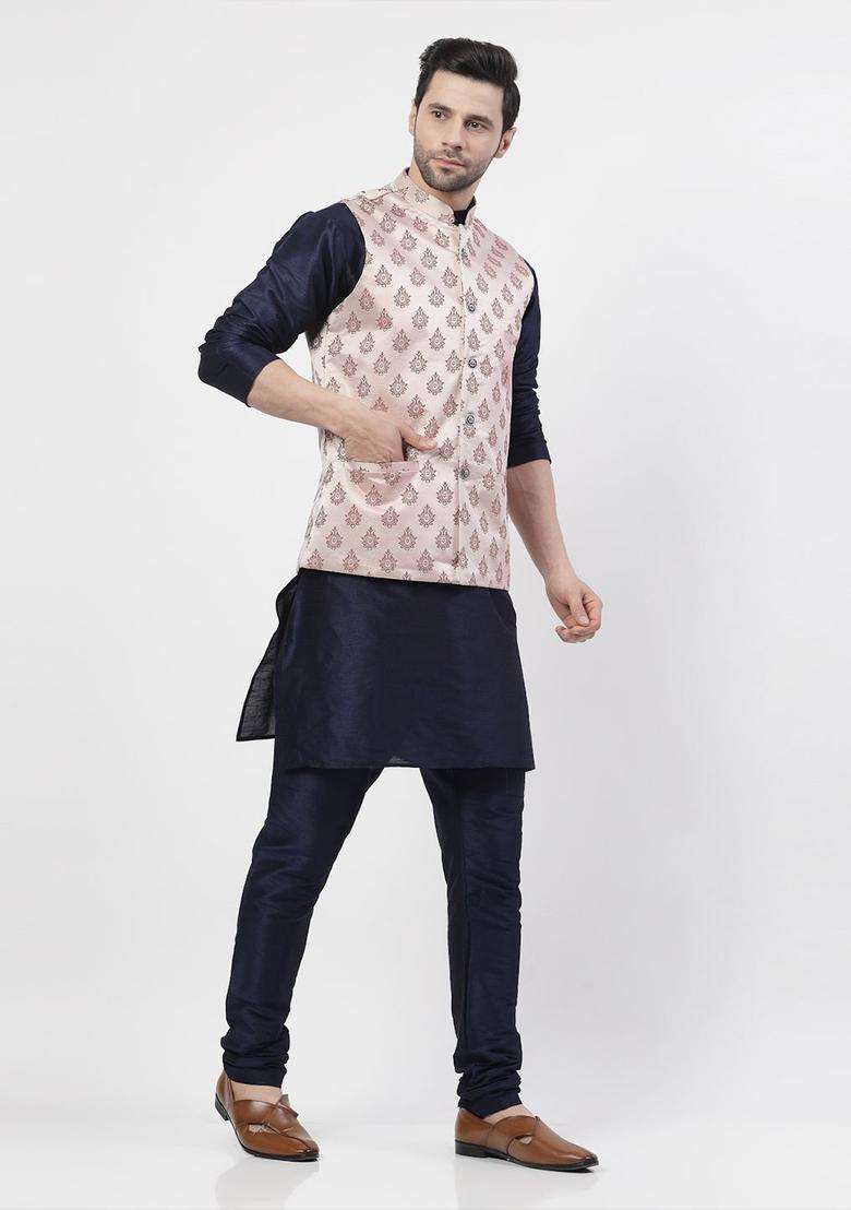 Navy Blue Woven Design Silk Blend Kurta Set For Men - Indya
