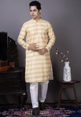 Beige Embroidered Silk Blend Kurta Set For Men