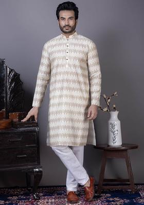 Beige Printed Silk Blend Kurta Set For Men