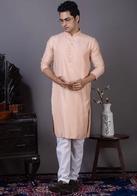 Peach Solid Cotton Kurta Set For Men