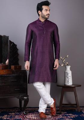 Purple Woven Design Silk Kurta Set For Men