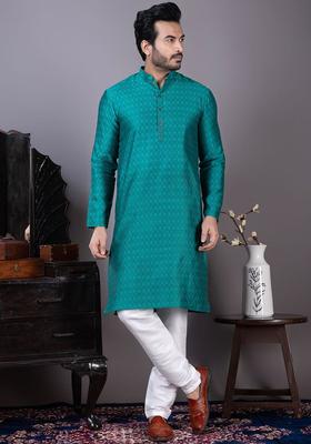 Green Woven Design Silk Kurta Set For Men