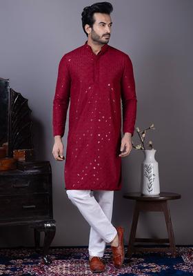 Maroon Embroidered Viscose Kurta Set For Men