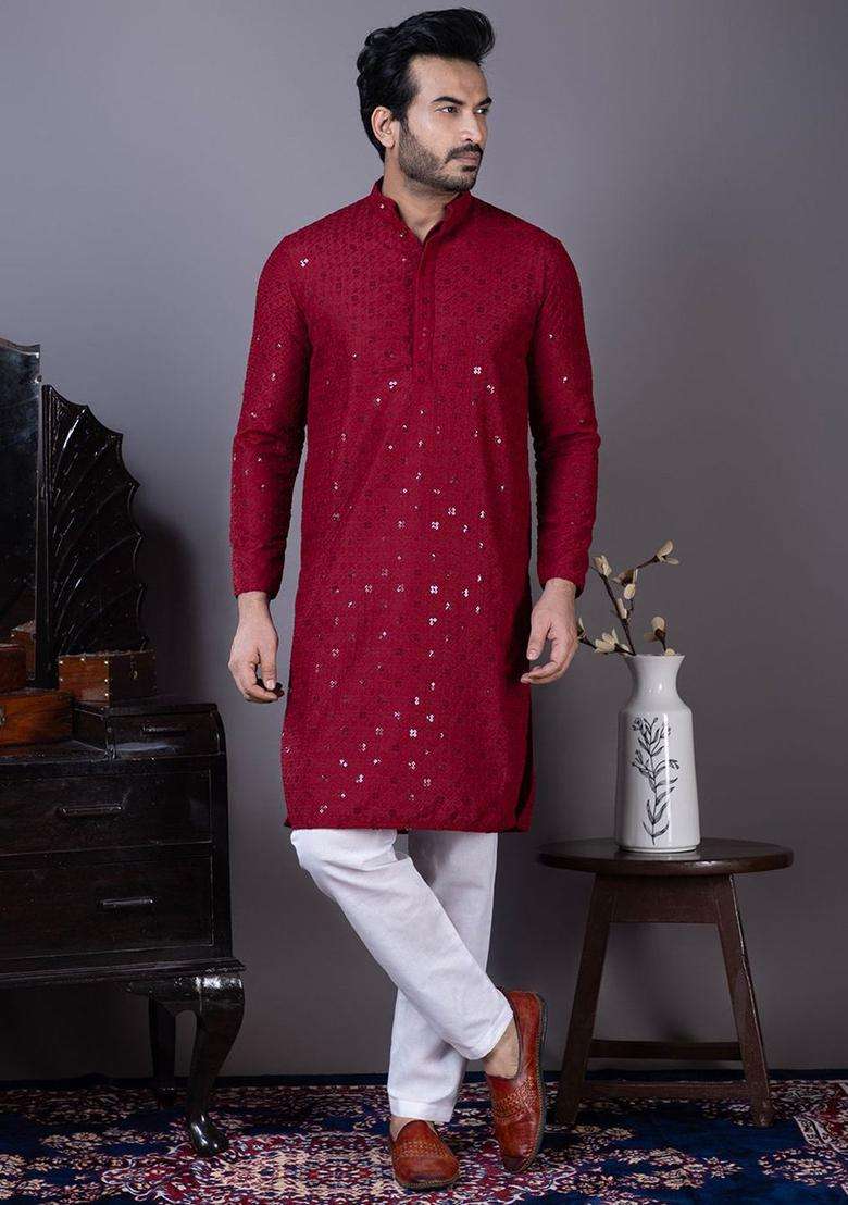 Maroon Embroidered Viscose Kurta Set For Men - Indya