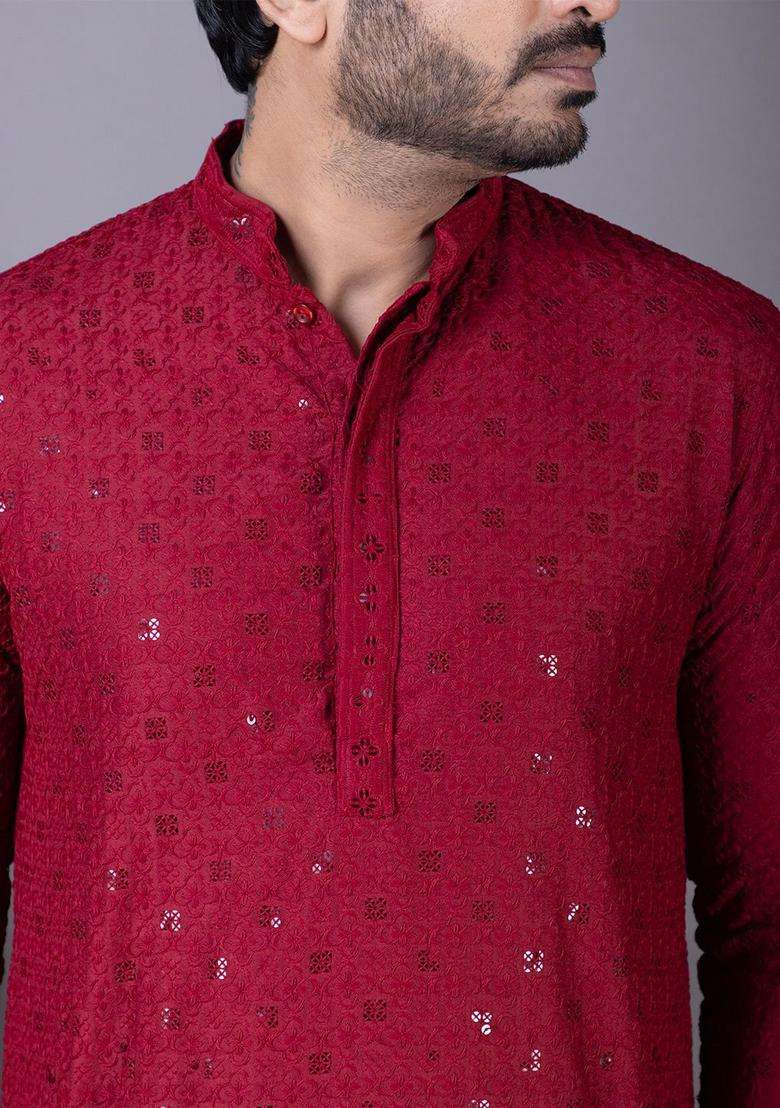 Maroon Embroidered Viscose Kurta Set For Men - Indya