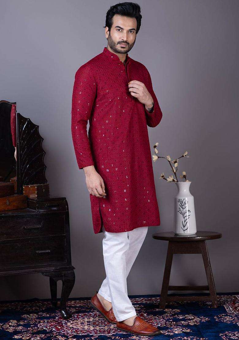 Maroon Embroidered Viscose Kurta Set For Men - Indya