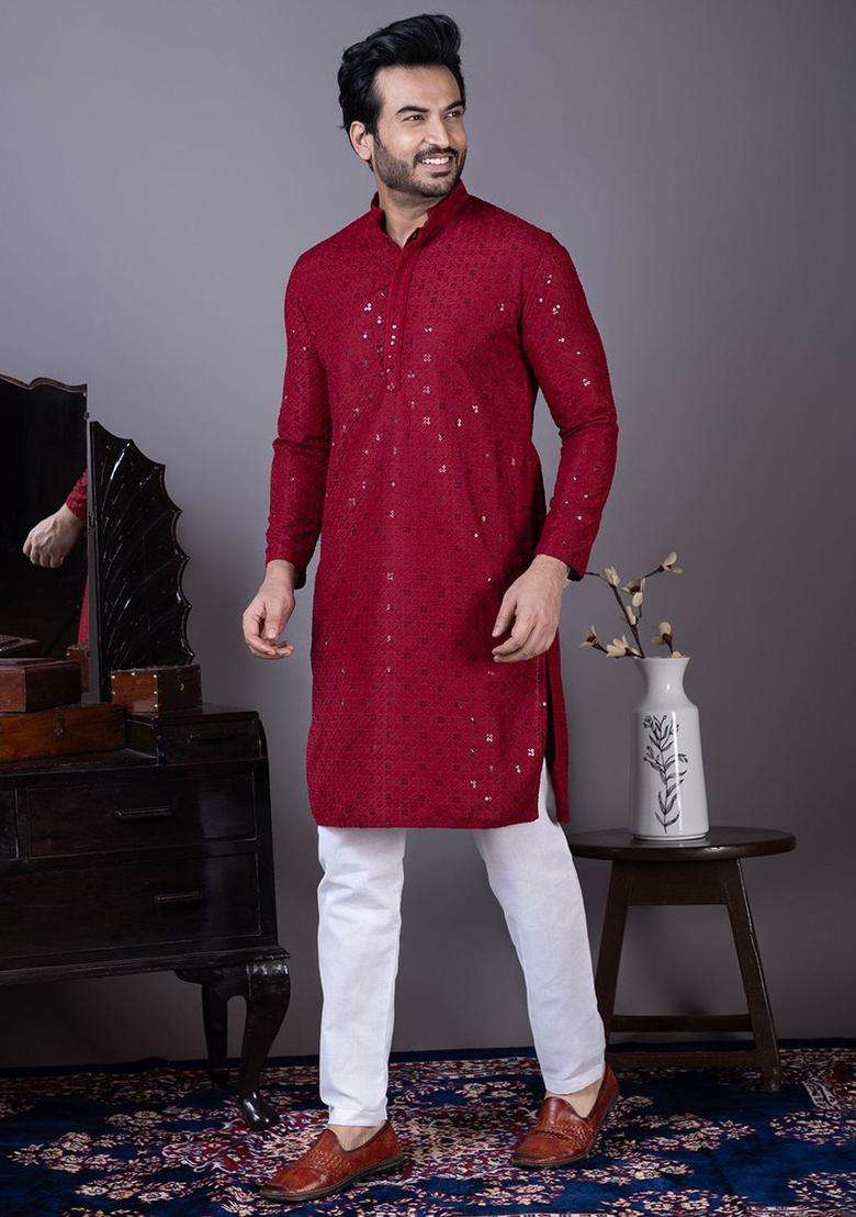 Maroon Embroidered Viscose Kurta Set For Men - Indya
