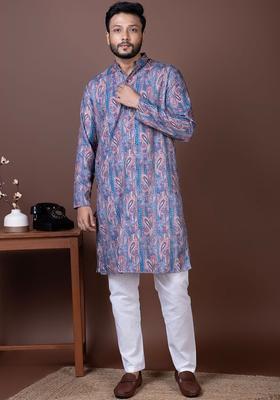Purple Embroidered Silk Kurta Set For Men