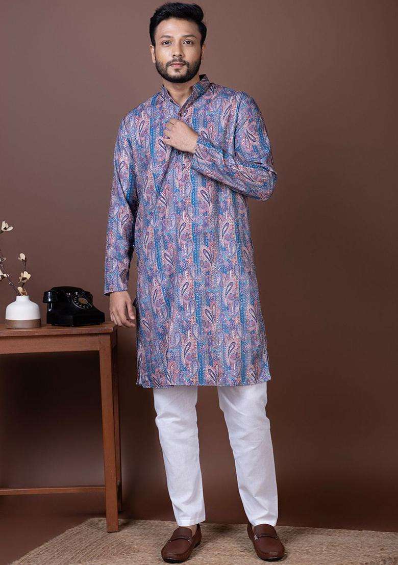 Purple Embroidered Silk Blend Kurta Set For Men - Indya