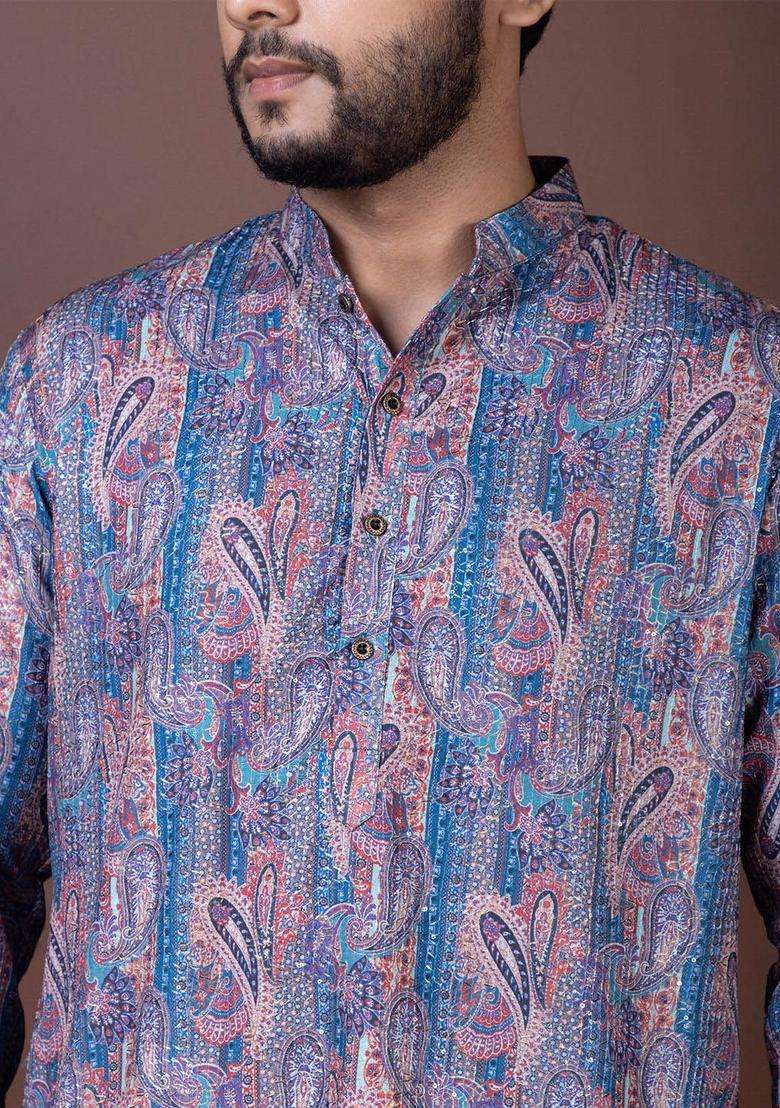 Purple Embroidered Silk Blend Kurta Set For Men - Indya