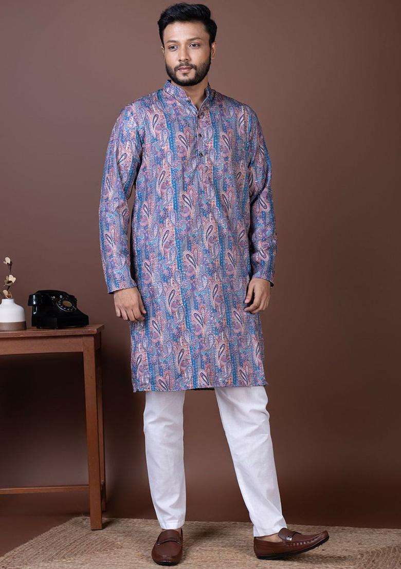 Purple Embroidered Silk Blend Kurta Set For Men - Indya