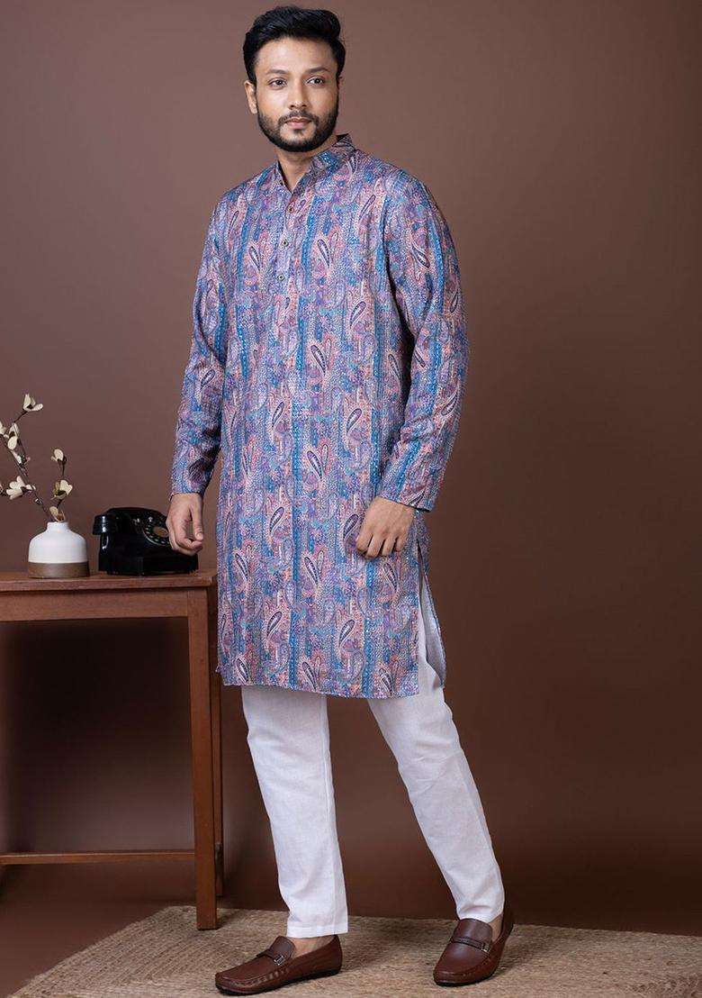Purple Embroidered Silk Blend Kurta Set For Men - Indya