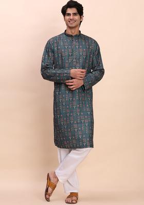Teal Woven Design Cotton Kurta Set For Men