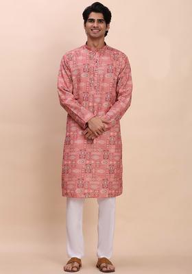 Pink Printed Cotton Kurta Set For Men