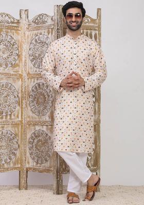 Off White Woven Design Cotton Kurta Set For Men