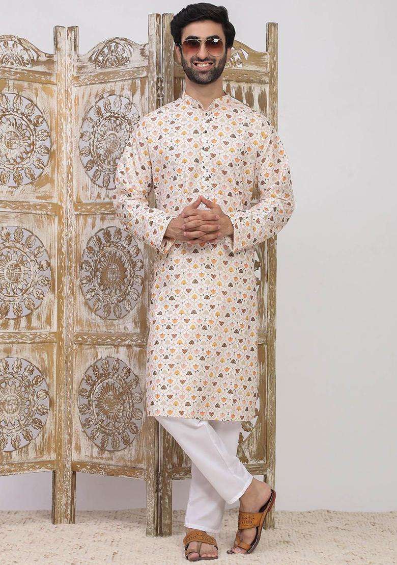 Off White Woven Design Cotton Kurta Set For Men - Indya