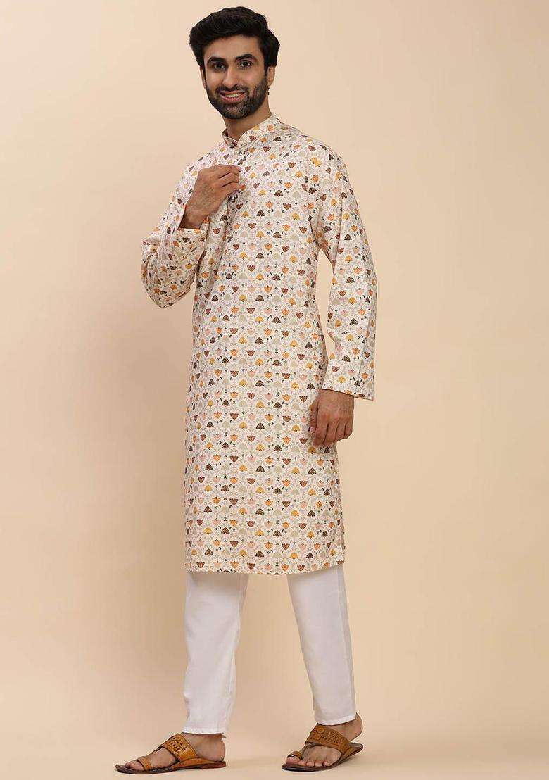 Off White Woven Design Cotton Kurta Set For Men - Indya