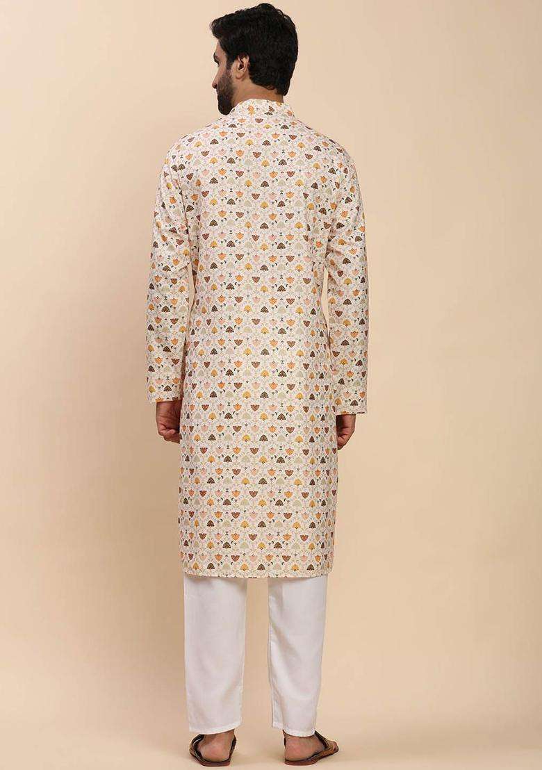Off White Woven Design Cotton Kurta Set For Men - Indya