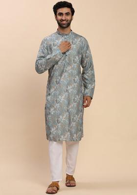 Turquoise Blue Printed Cotton Kurta Set For Men