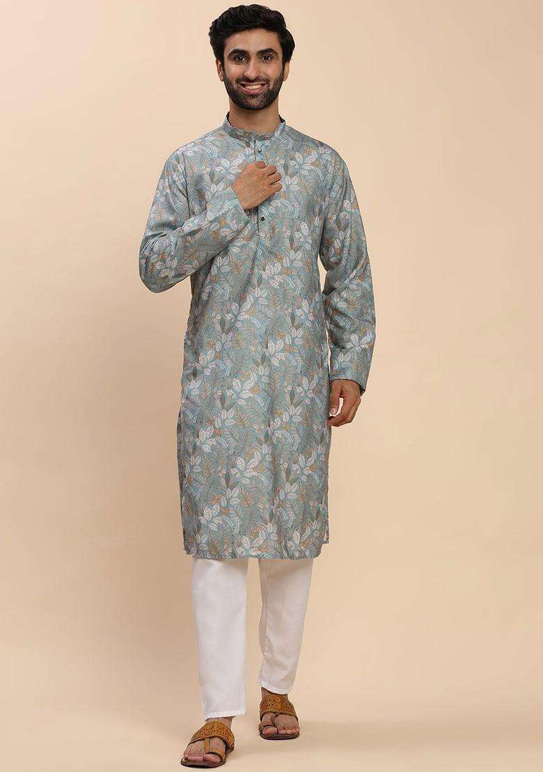 Turquoise Blue Printed Cotton Kurta Set For Men - Indya