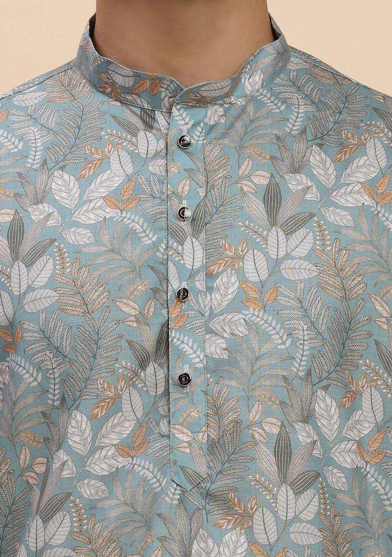 Turquoise Blue Printed Cotton Kurta Set For Men - Indya