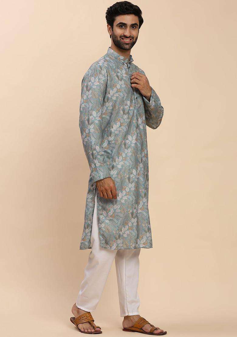 Turquoise Blue Printed Cotton Kurta Set For Men - Indya