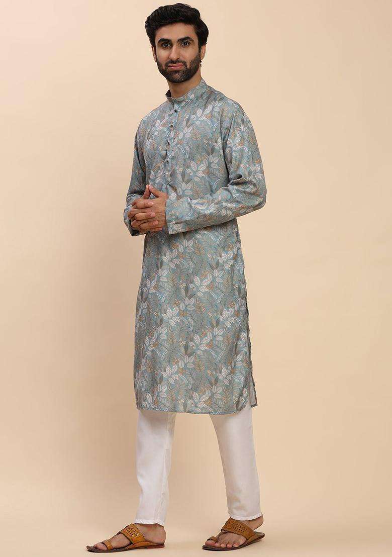 Turquoise Blue Printed Cotton Kurta Set For Men - Indya