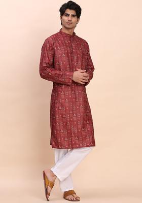 Maroon Woven Design Cotton Kurta Set For Men