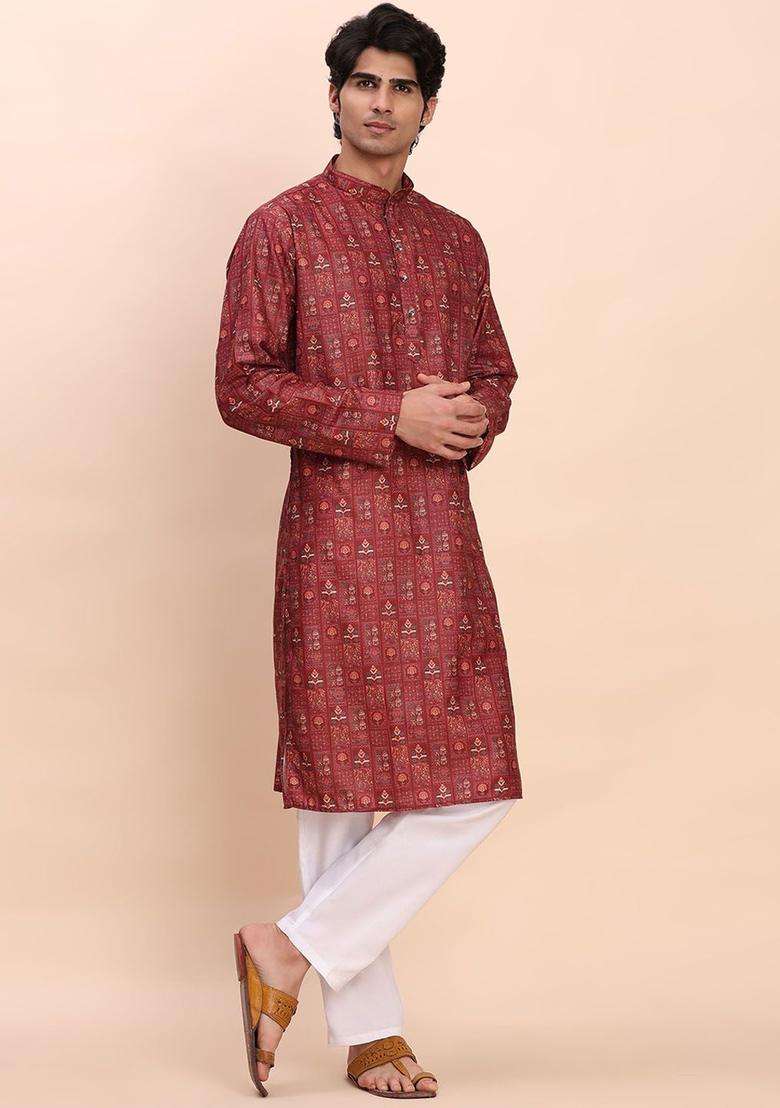 Maroon Woven Design Cotton Kurta Set For Men - Indya
