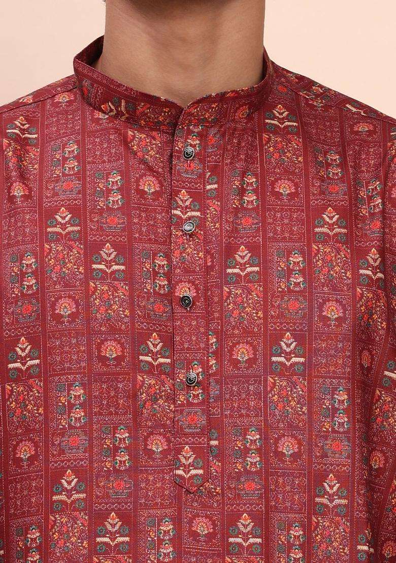 Maroon Woven Design Cotton Kurta Set For Men - Indya