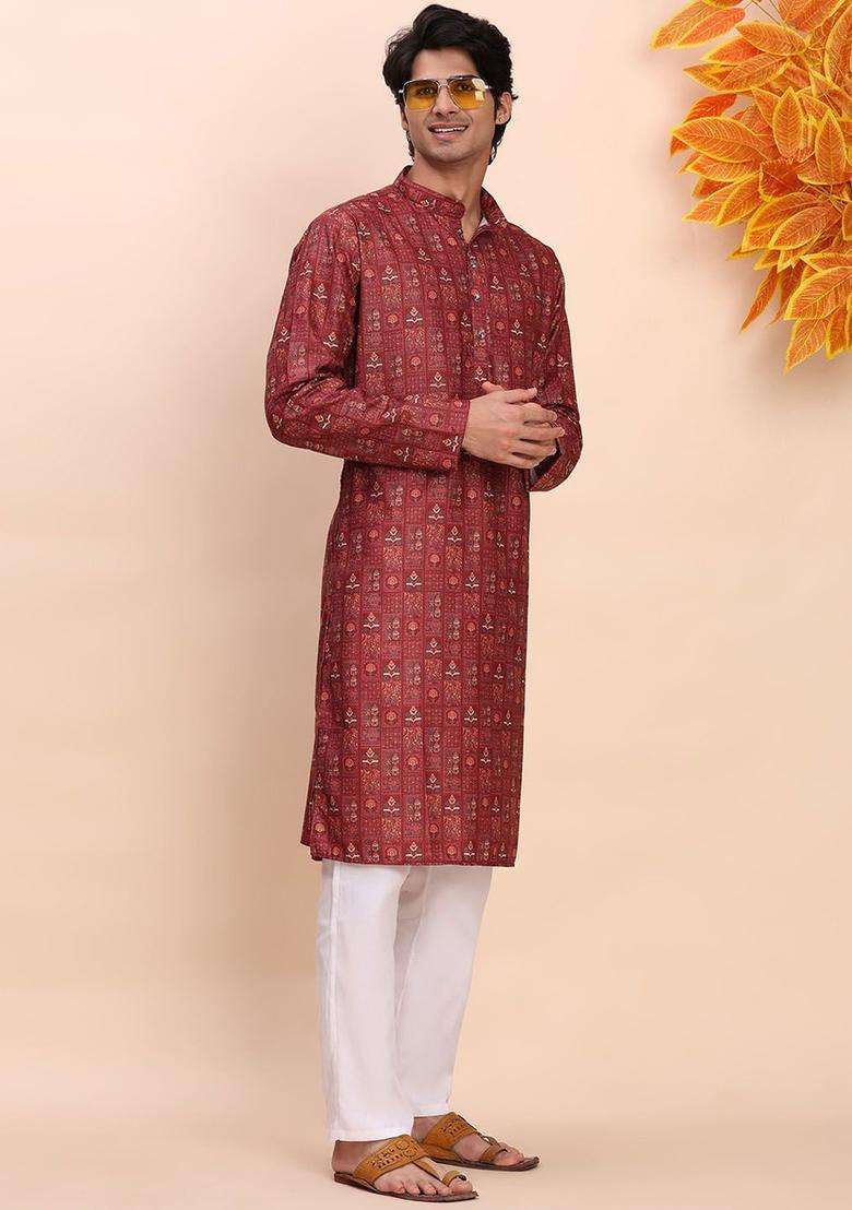 Maroon Woven Design Cotton Kurta Set For Men - Indya