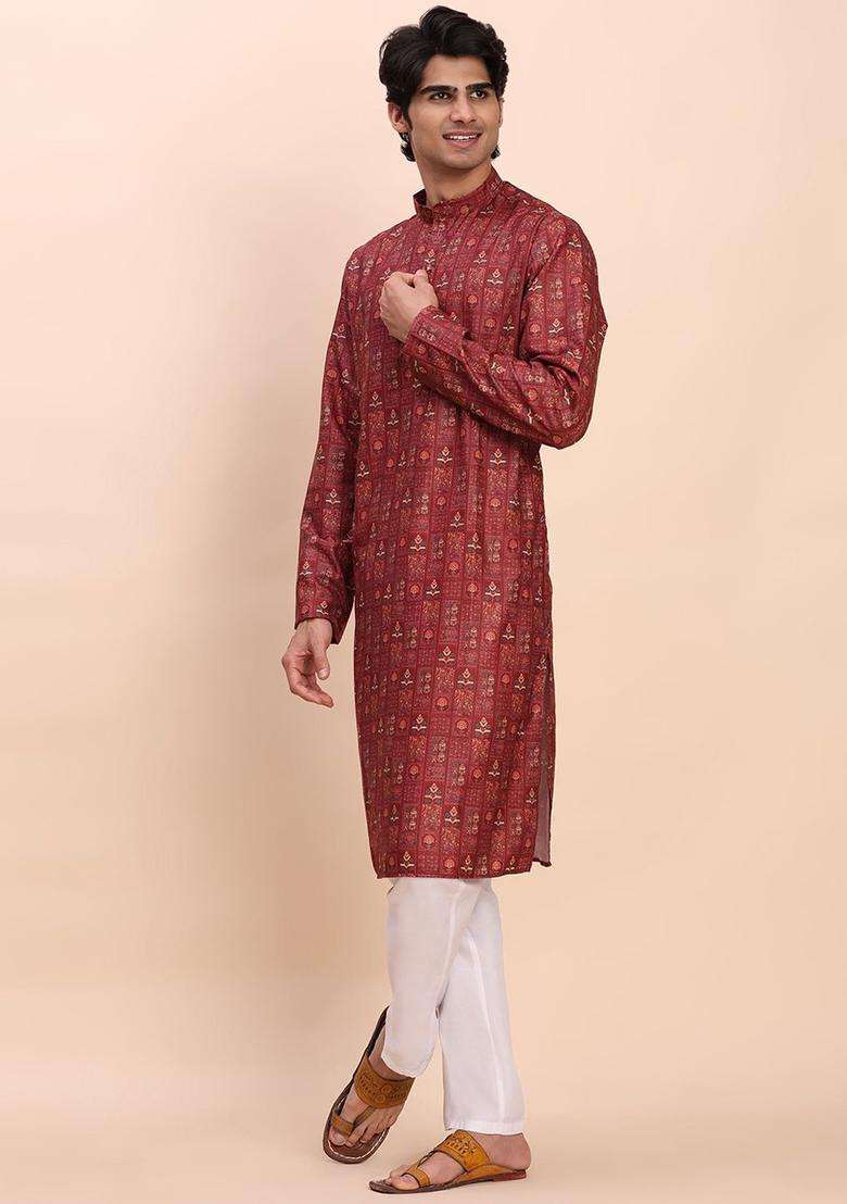Maroon Woven Design Cotton Kurta Set For Men - Indya