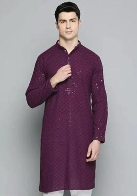Purple Embroidered Cotton Kurta Set For Men