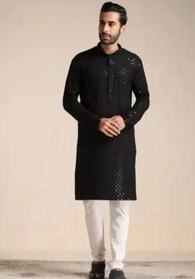 Black Embroidered Cotton Kurta Set For Men