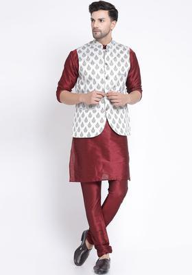 Maroon Printed Silk Kurta Set For Men