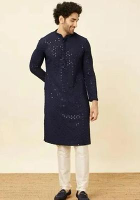 Navy Blue Embroidered Cotton Kurta Set For Men