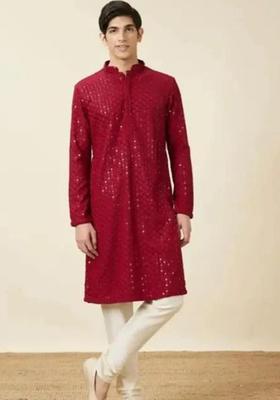 Maroon Embroidered Cotton Kurta Set For Men