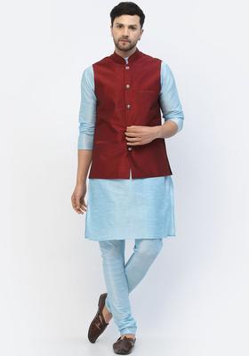 Turquoise Blue Solid Silk Blend Kurta Set For Men