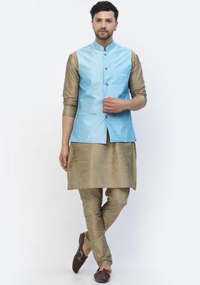 Khaki Solid Silk Blend Kurta Set For Men