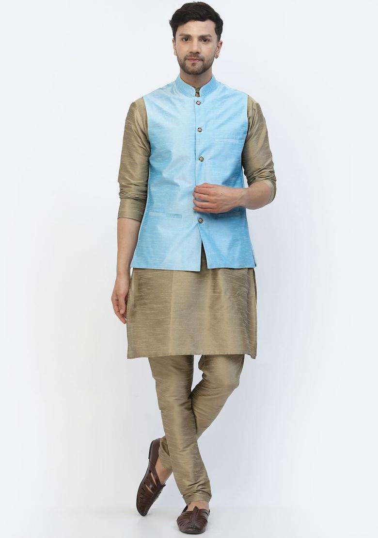 Khaki Solid Silk Blend Kurta Set For Men - Indya