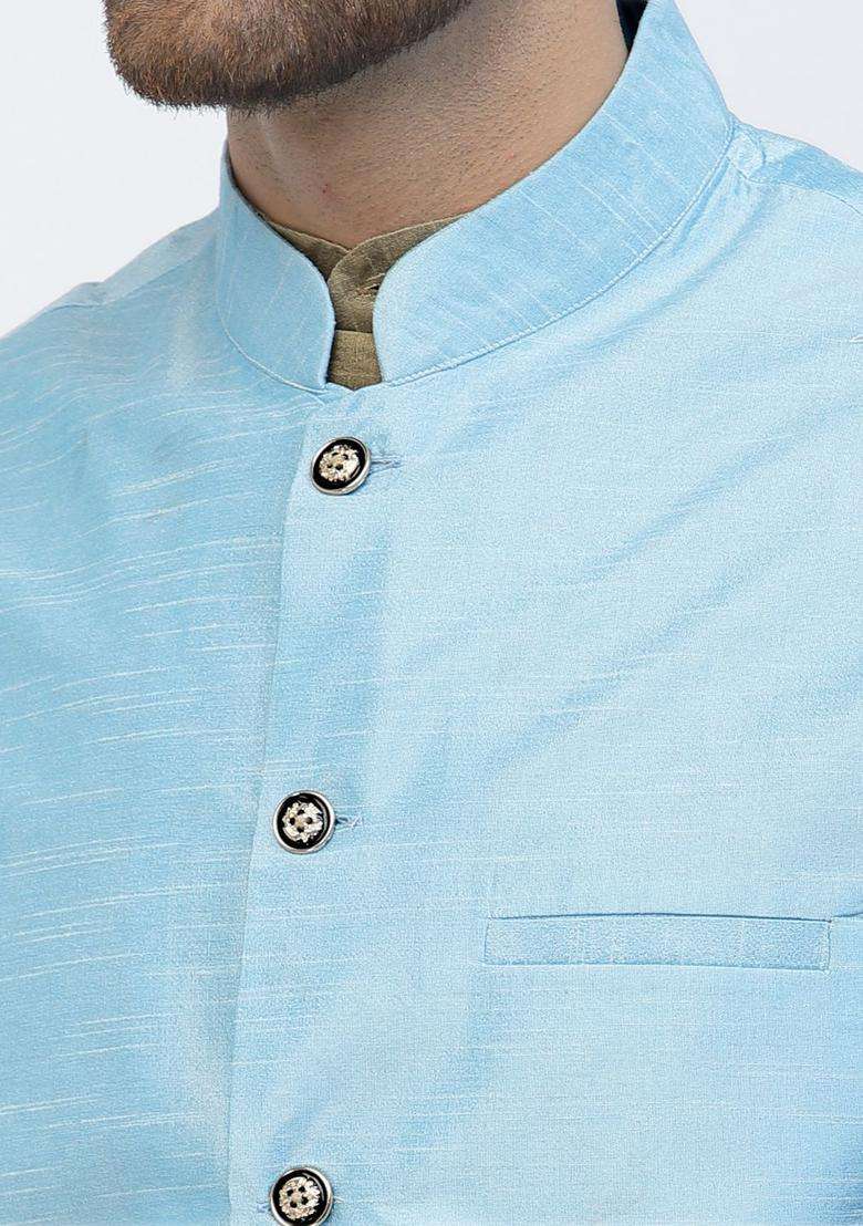 Khaki Solid Silk Blend Kurta Set For Men - Indya